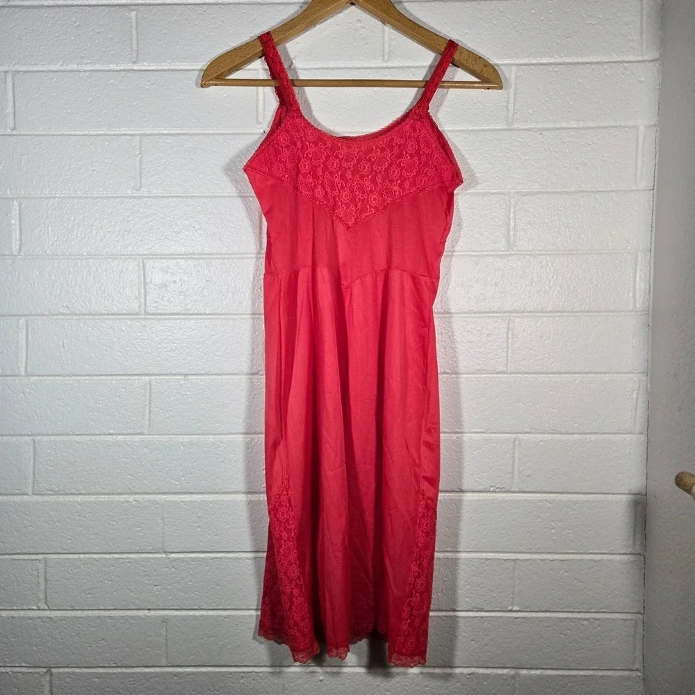 Vtg Tru Maid Red Lace Trim Slip Dress 36 Valentines Romantic Coquette Chemise